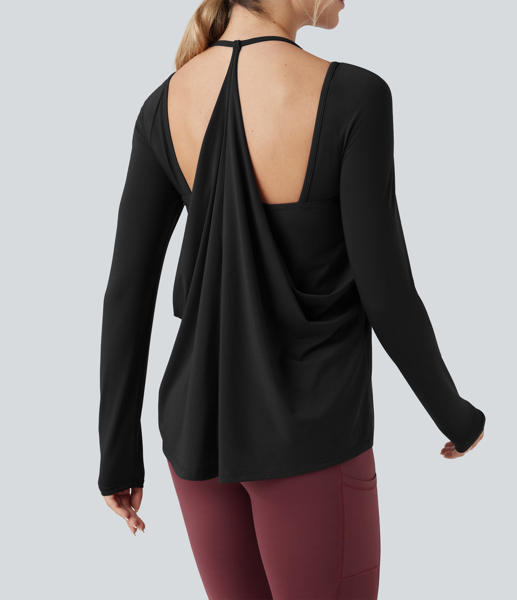 Airy Halter Long Sleeve Backless Draped Yoga Sports Top-UPF50+ — Black — view 4