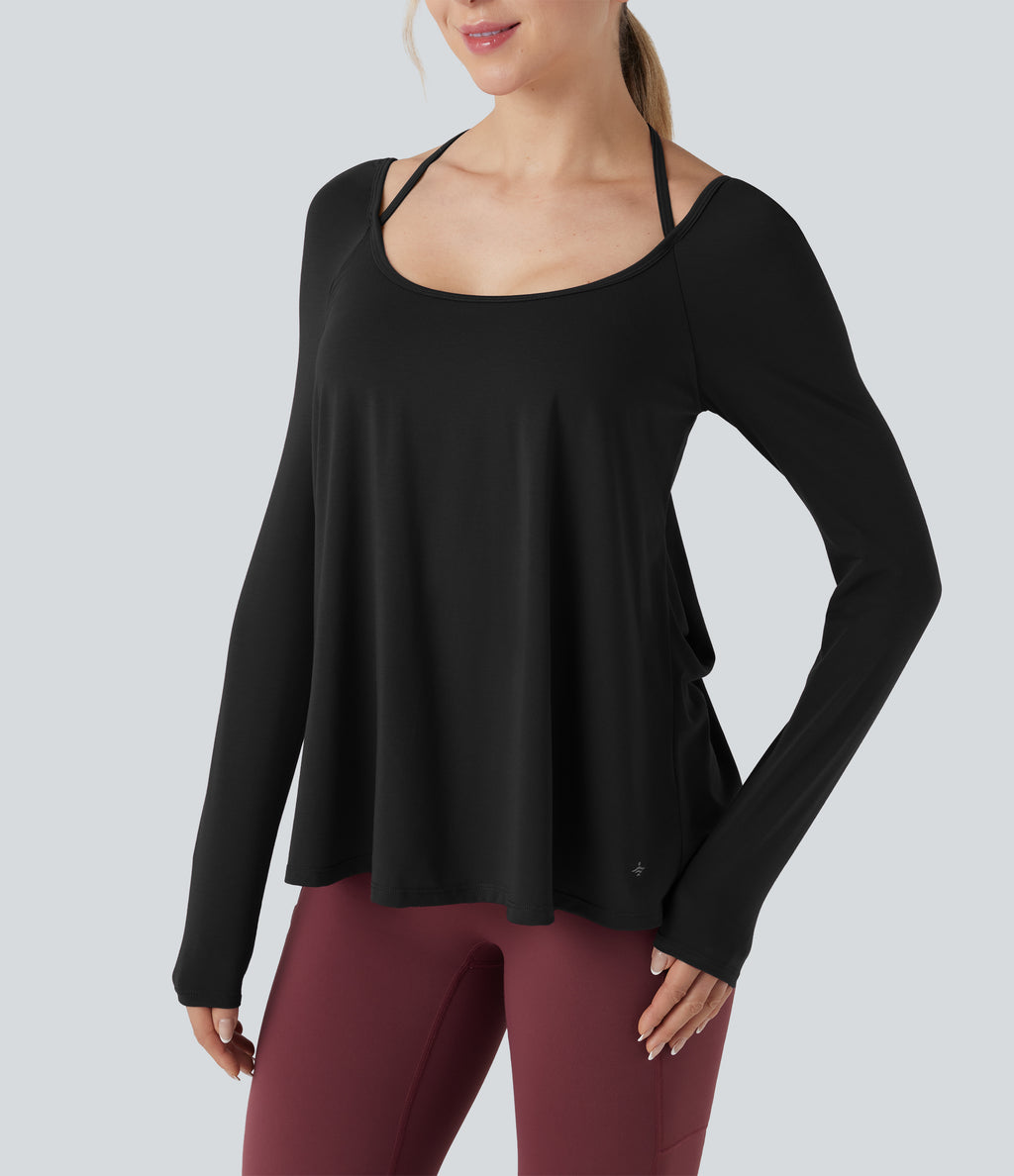 Airy Halter Long Sleeve Backless Draped Yoga Sports Top-UPF50+ — Black — view 5