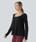 Airy Halter Long Sleeve Backless Draped Yoga Sports Top-UPF50+ — Black — view 3