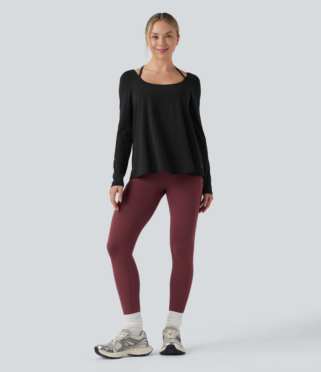 Airy Halter Long Sleeve Backless Draped Yoga Sports Top-UPF50+ — Black — view 6