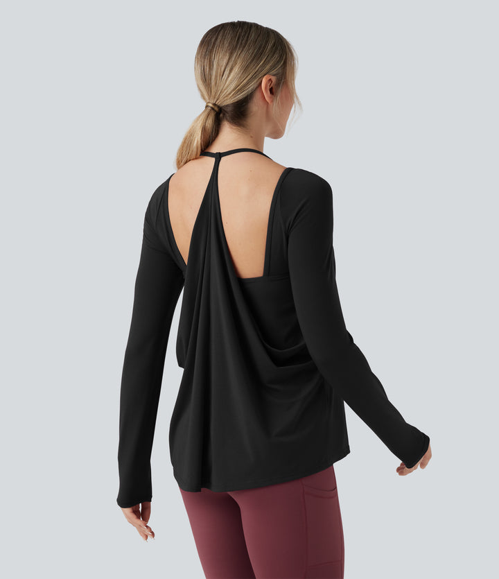 Airy Halter Long Sleeve Backless Draped Yoga Sports Top-UPF50+ — Black — view 1