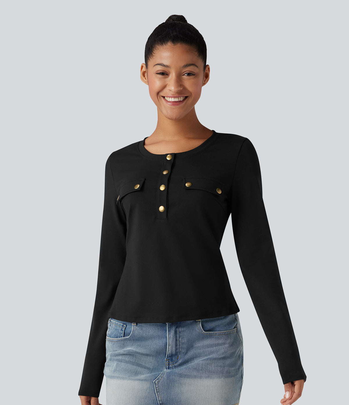 Henley Long Sleeve Casual Top — Black — view 6