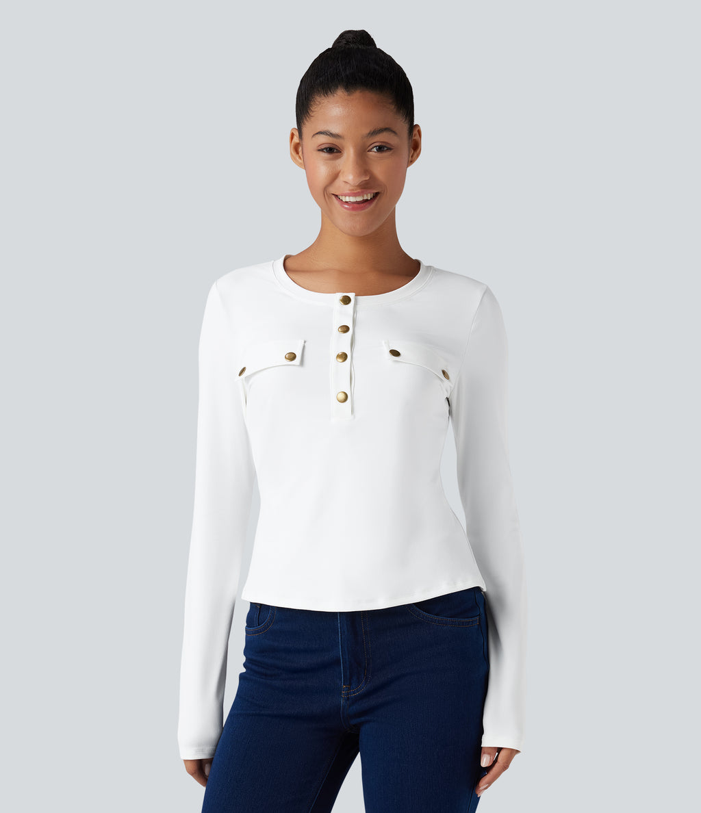 Henley Long Sleeve Casual Top — White — view 2