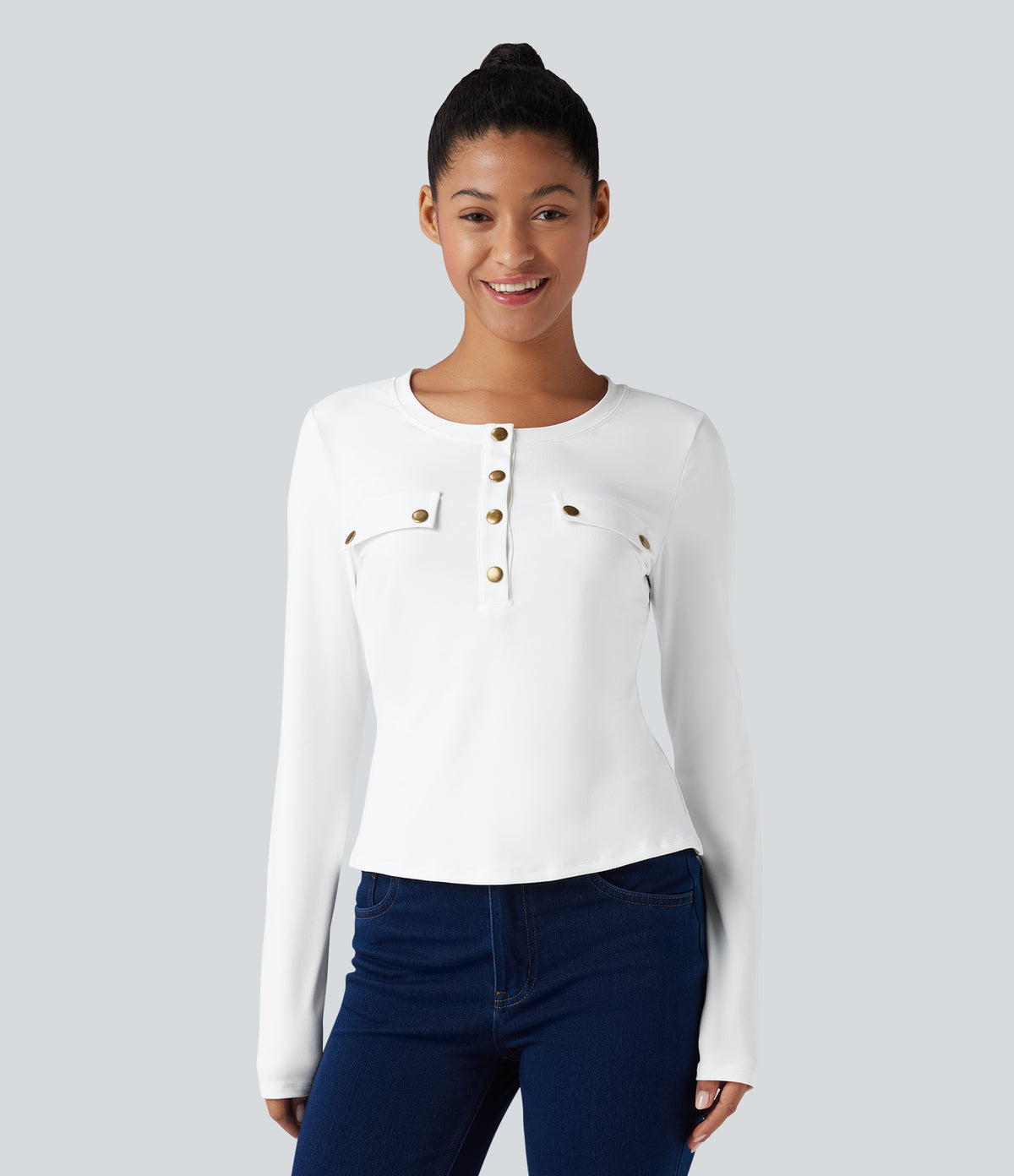 Henley Long Sleeve Casual Top — White — view 2