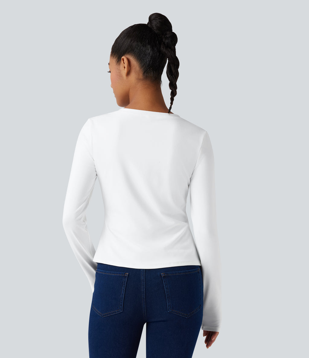 Henley Long Sleeve Casual Top — White — view 3