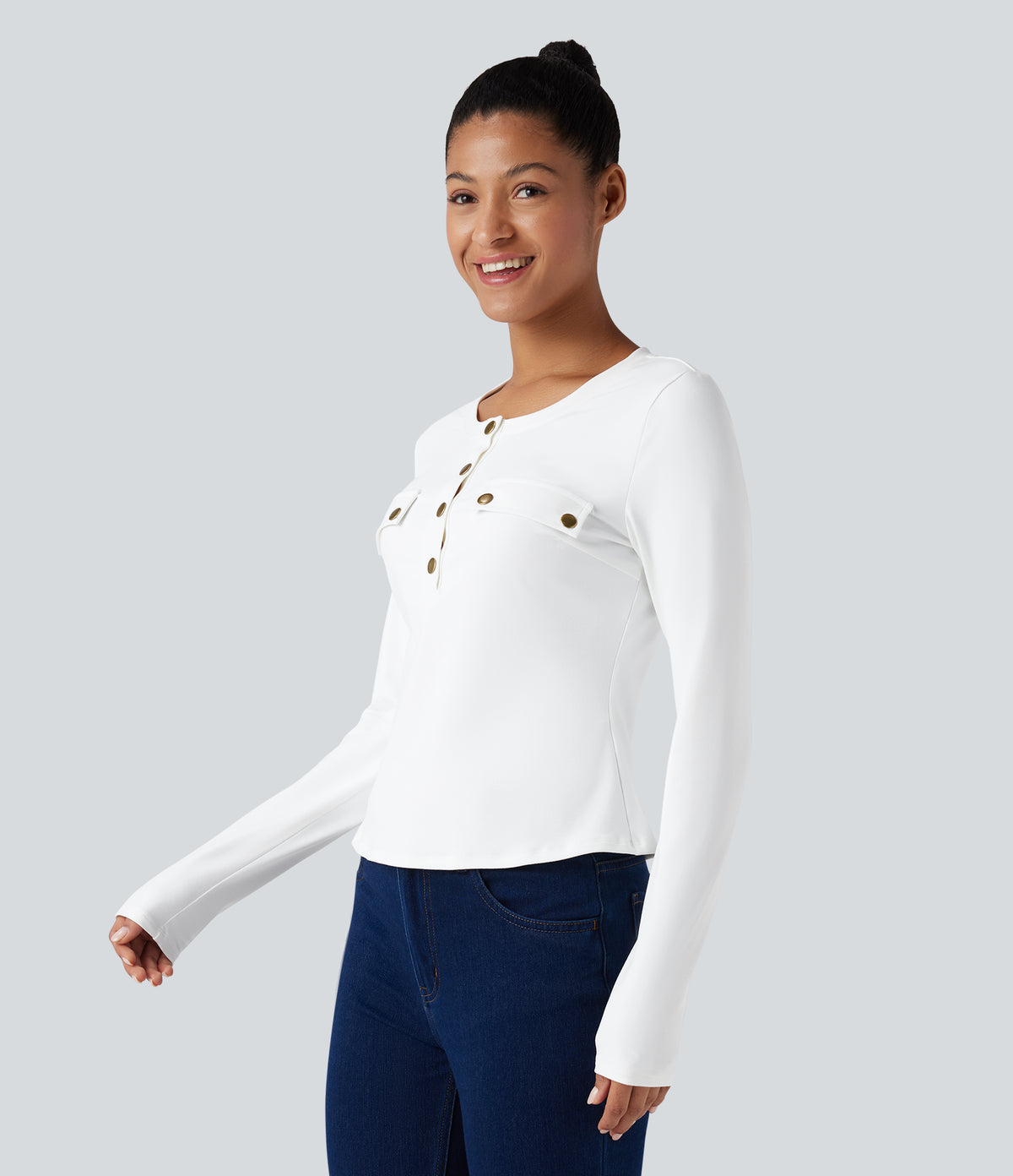 Henley Long Sleeve Casual Top — White — view 4