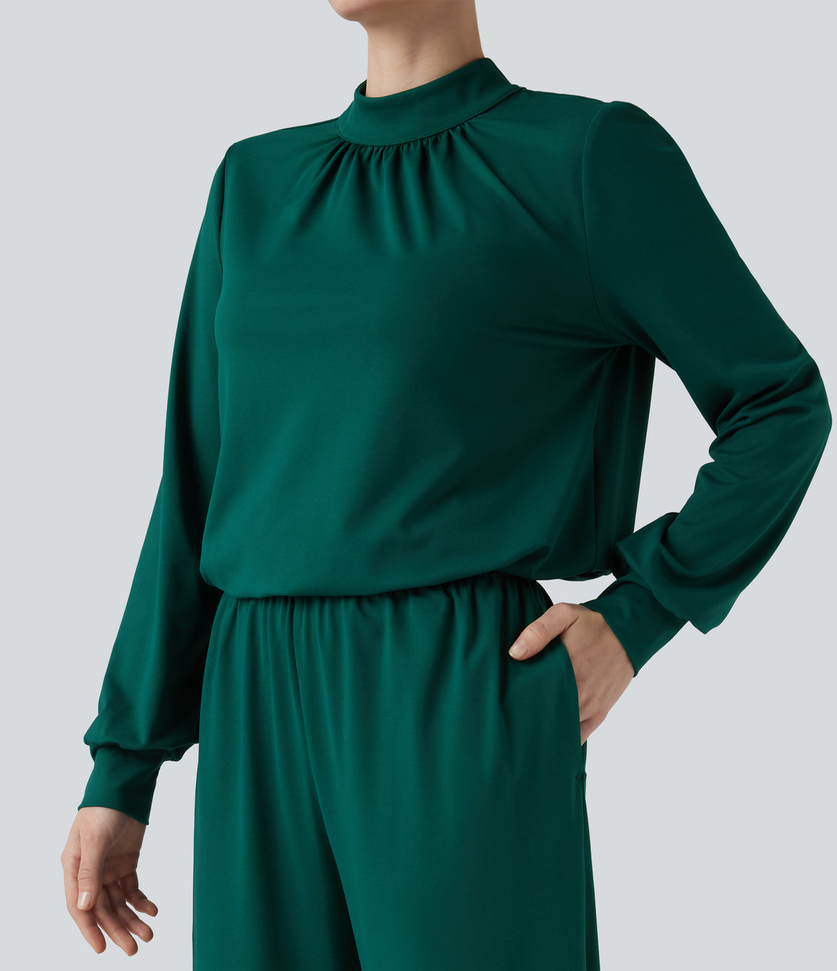 Mock Neck Keyhole Back Long Sleeve Wide Leg Work Jumpsuit with Pockets — Rain Forest — view 4