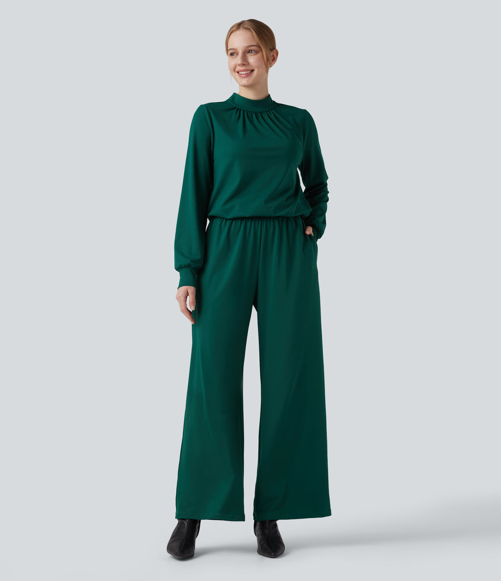 Mock Neck Keyhole Back Long Sleeve Wide Leg Work Jumpsuit with Pockets — Rain Forest — view 1