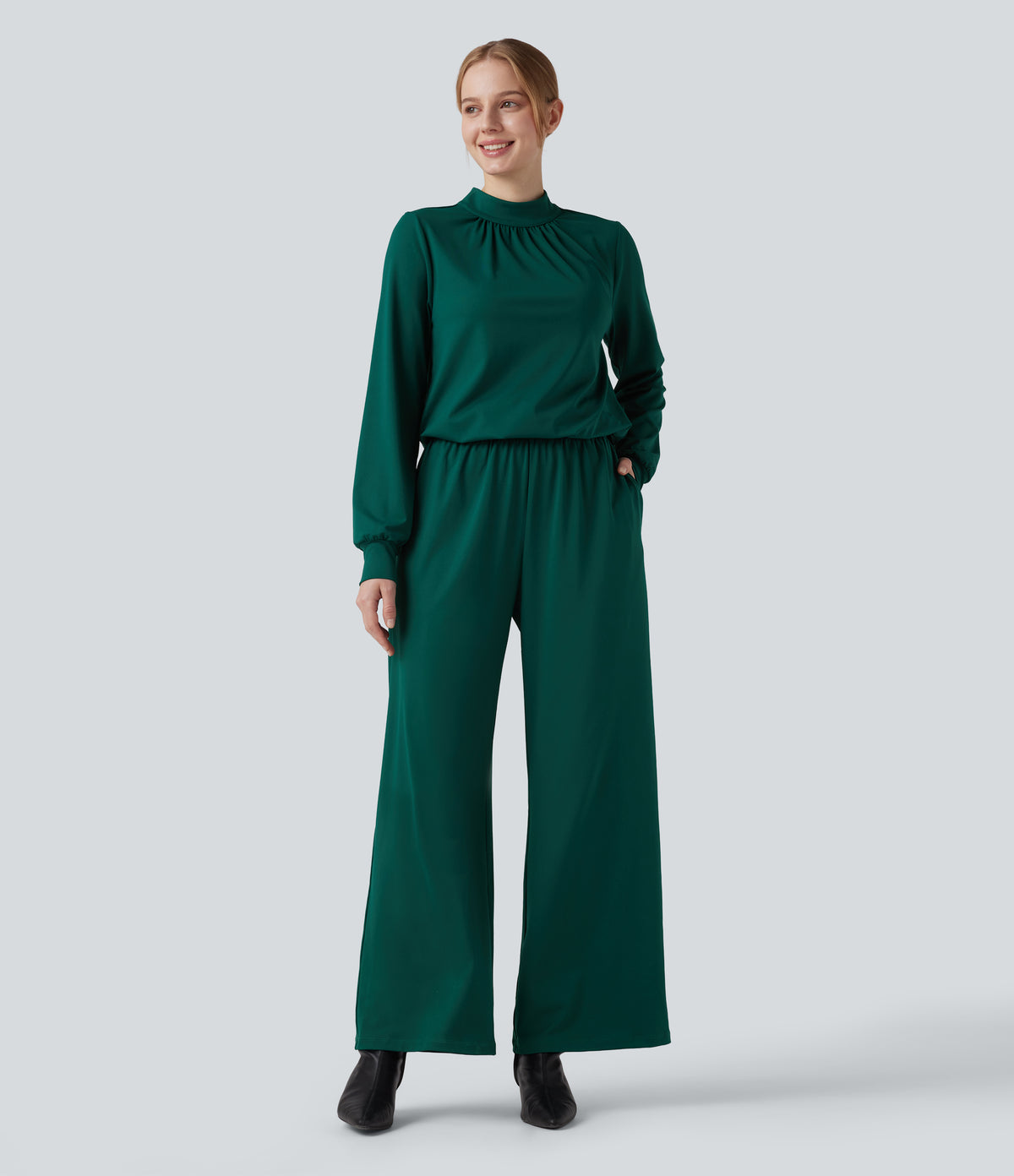 Mock Neck Keyhole Back Long Sleeve Wide Leg Work Jumpsuit with Pockets — Rain Forest — view 1
