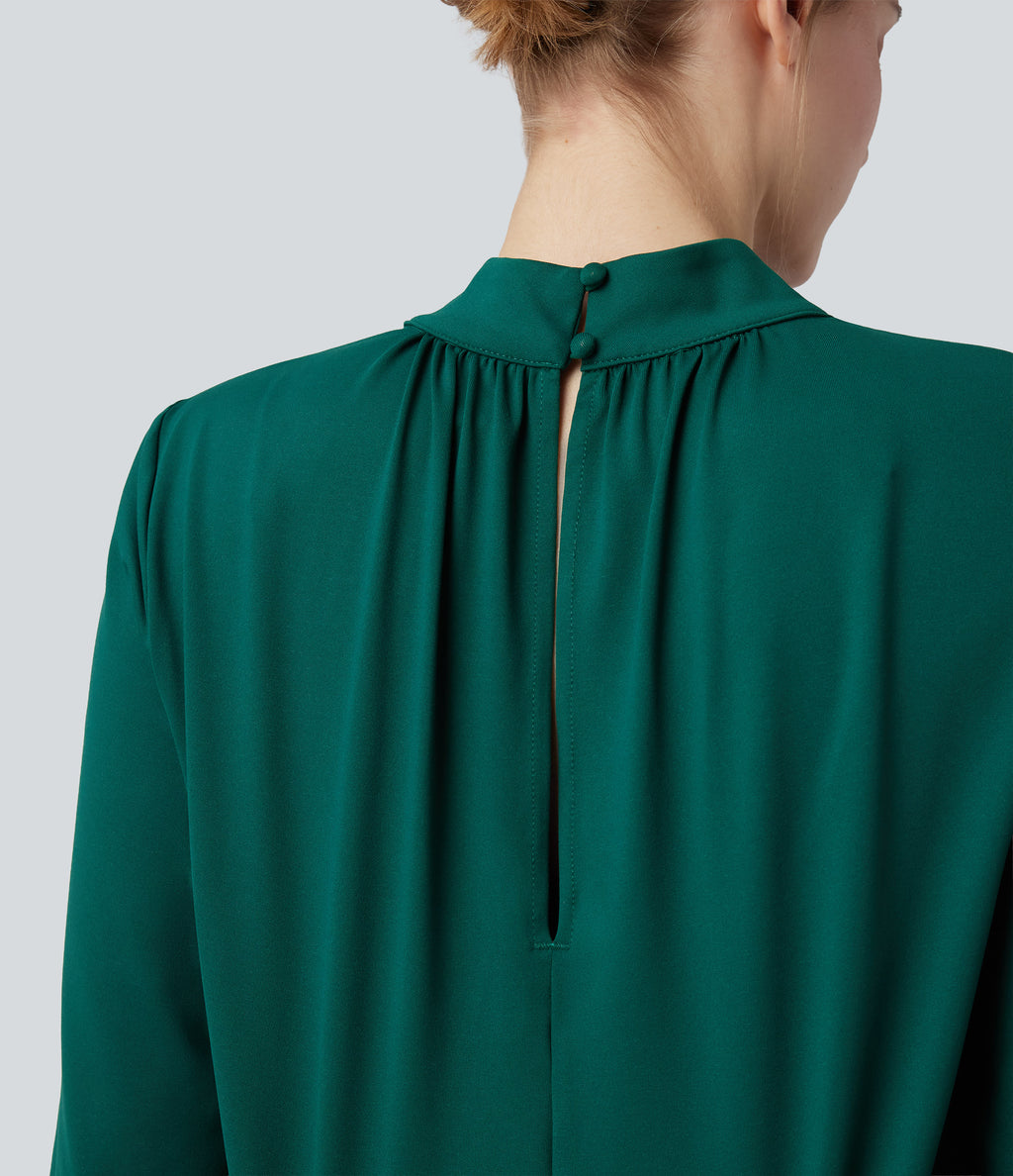 Mock Neck Keyhole Back Long Sleeve Wide Leg Work Jumpsuit with Pockets — Rain Forest — view 5
