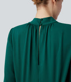 Mock Neck Keyhole Back Long Sleeve Wide Leg Work Jumpsuit with Pockets — Rain Forest — view 5