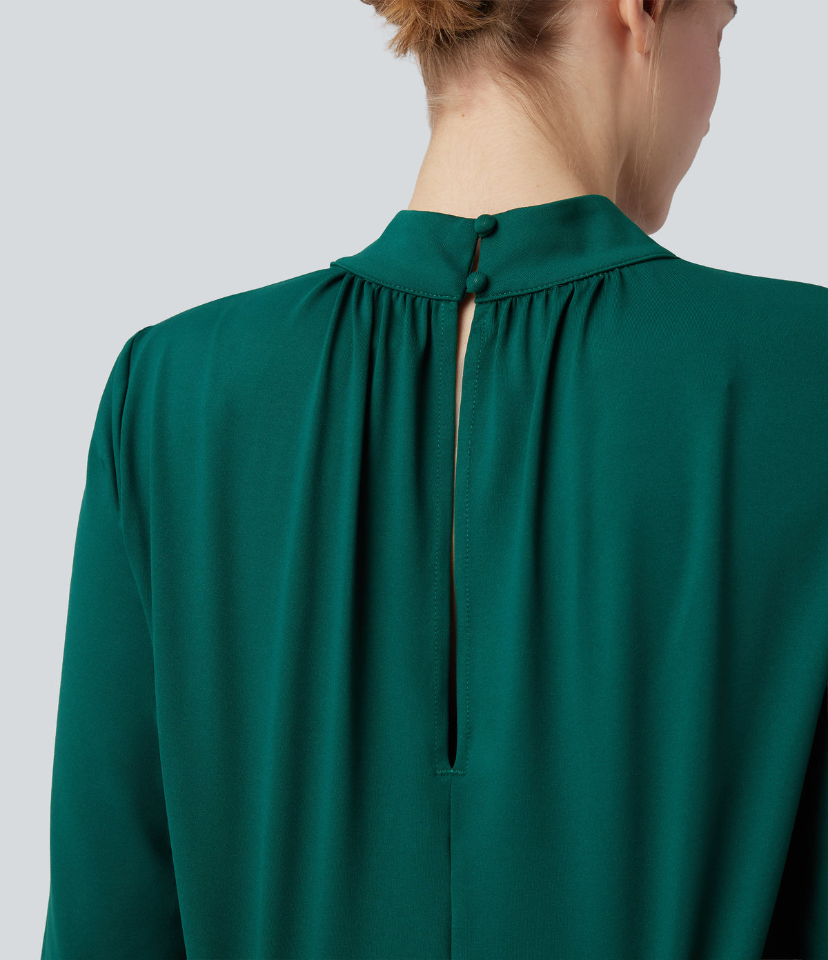 Mock Neck Keyhole Back Long Sleeve Wide Leg Work Jumpsuit with Pockets — Rain Forest — view 5