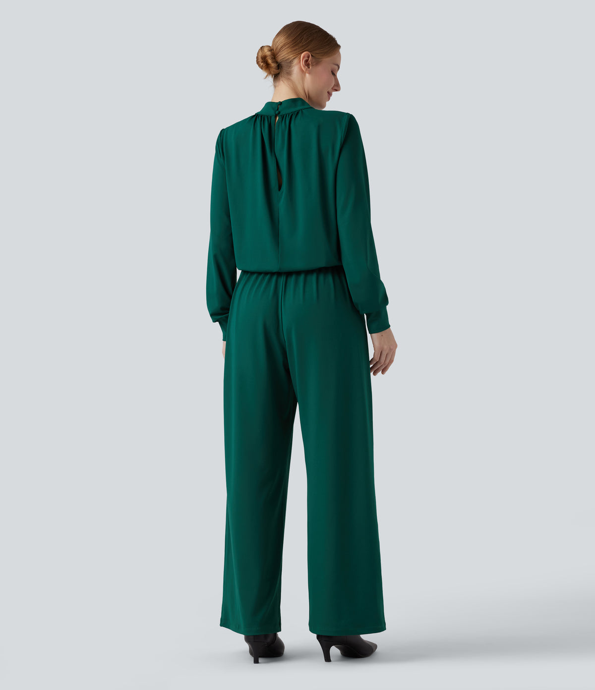 Mock Neck Keyhole Back Long Sleeve Wide Leg Work Jumpsuit with Pockets — Rain Forest — view 2