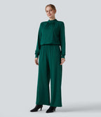 Mock Neck Keyhole Back Long Sleeve Wide Leg Work Jumpsuit with Pockets — Rain Forest — view 3