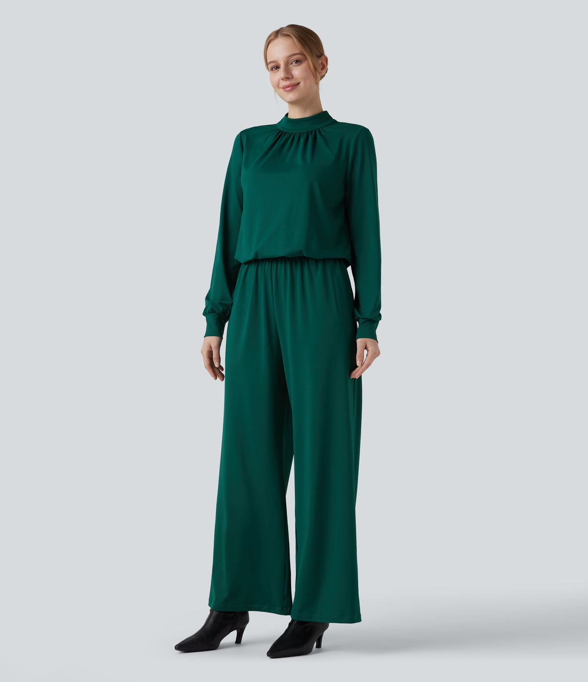 Mock Neck Keyhole Back Long Sleeve Wide Leg Work Jumpsuit with Pockets — Rain Forest — view 3