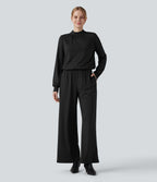 Mock Neck Keyhole Back Long Sleeve Wide Leg Work Jumpsuit with Pockets — Black — view 6