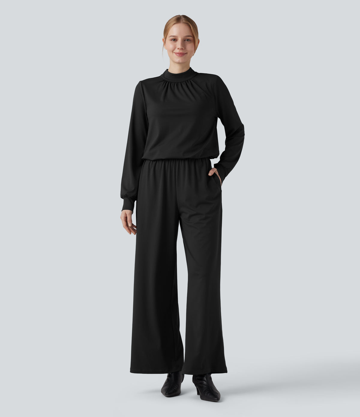 Mock Neck Keyhole Back Long Sleeve Wide Leg Work Jumpsuit with Pockets — Black — view 6