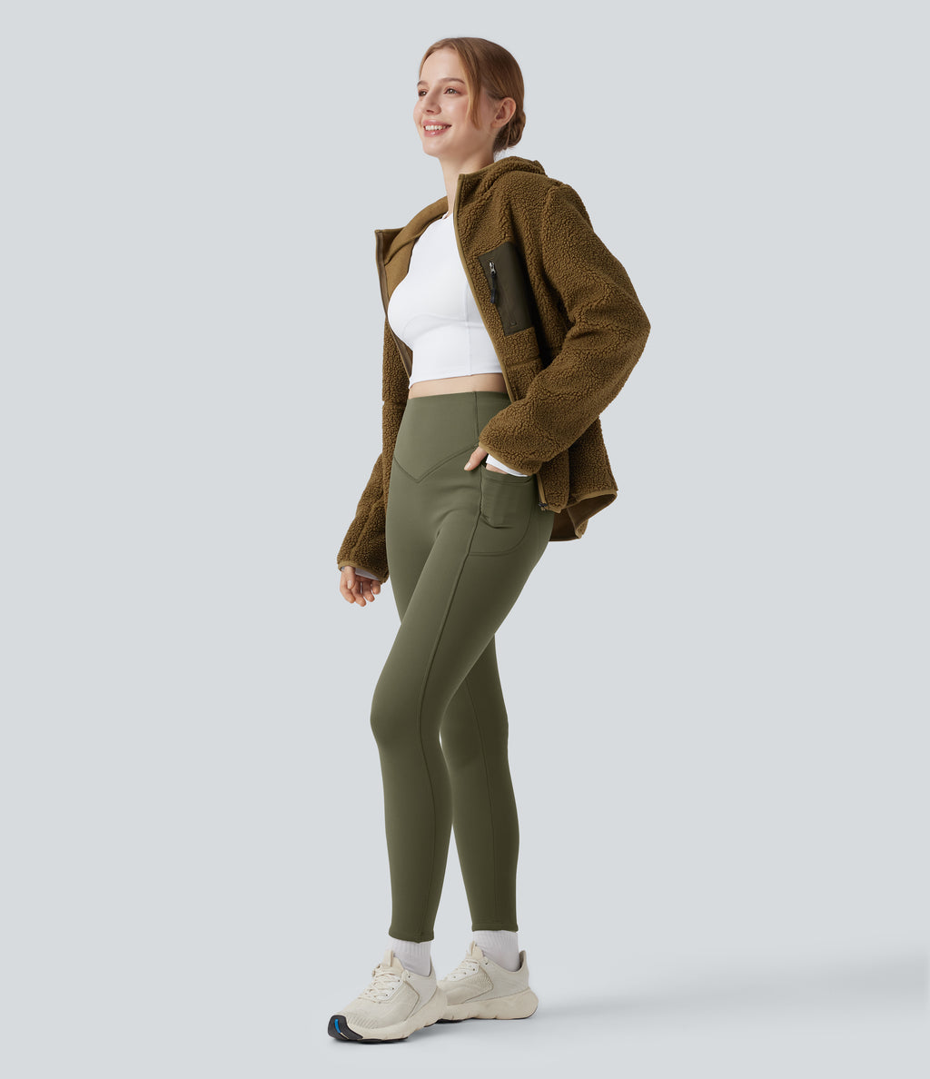 Extra Heat High Waisted Scrunch Butt Lifting Tummy Control Yoga Leggings with Pockets — Grass Grey Green — view 8