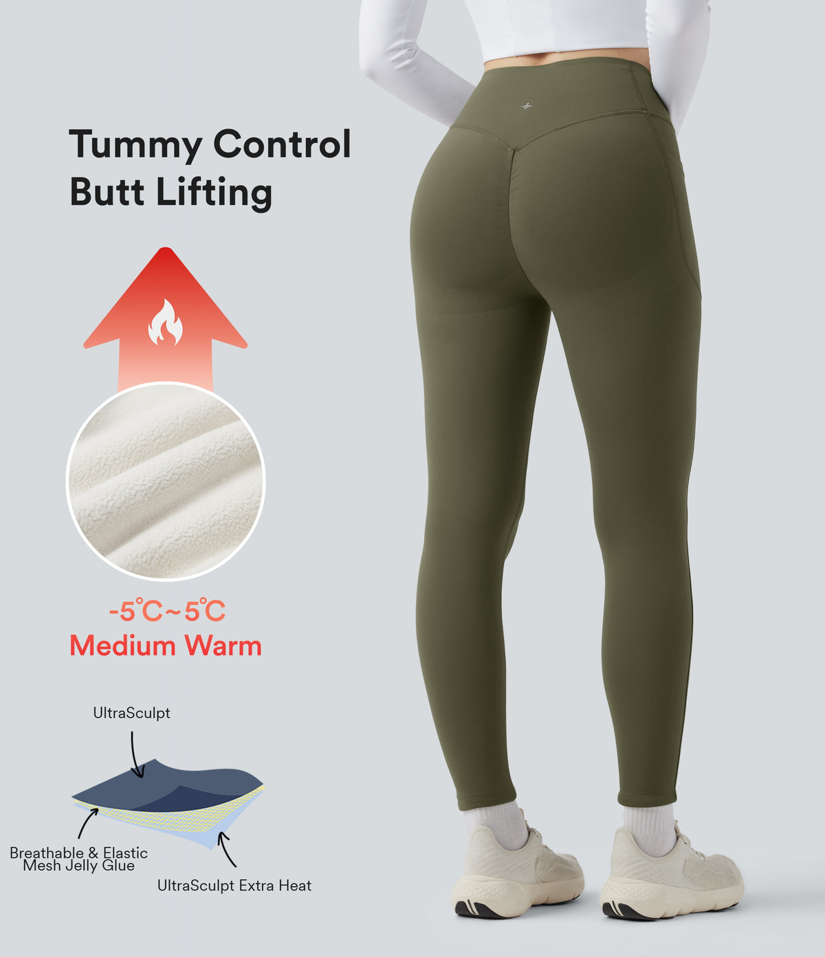 Extra Heat High Waisted Scrunch Butt Lifting Tummy Control Yoga Leggings with Pockets — Grass Grey Green — view 1