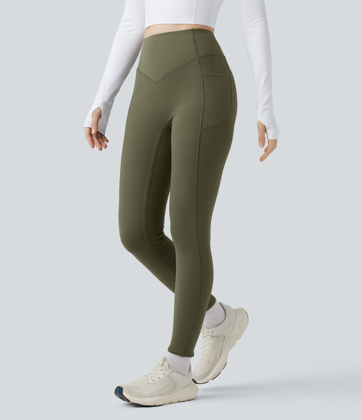 Extra Heat High Waisted Scrunch Butt Lifting Tummy Control Yoga Leggings with Pockets — Grass Grey Green — view 3