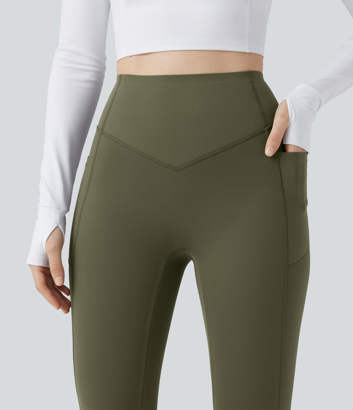 Extra Heat High Waisted Scrunch Butt Lifting Tummy Control Yoga Leggings with Pockets — Grass Grey Green — view 6