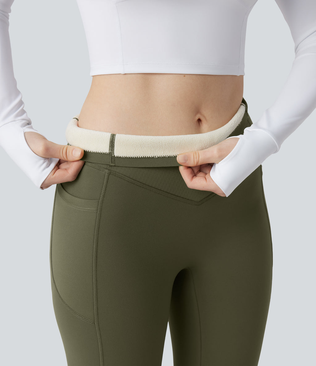 Extra Heat High Waisted Scrunch Butt Lifting Tummy Control Yoga Leggings with Pockets — Grass Grey Green — view 5