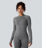 Seamless Flow Zipper Long Sleeve Thumb Hole Yoga Jacket — Eiffel Tower — view 1