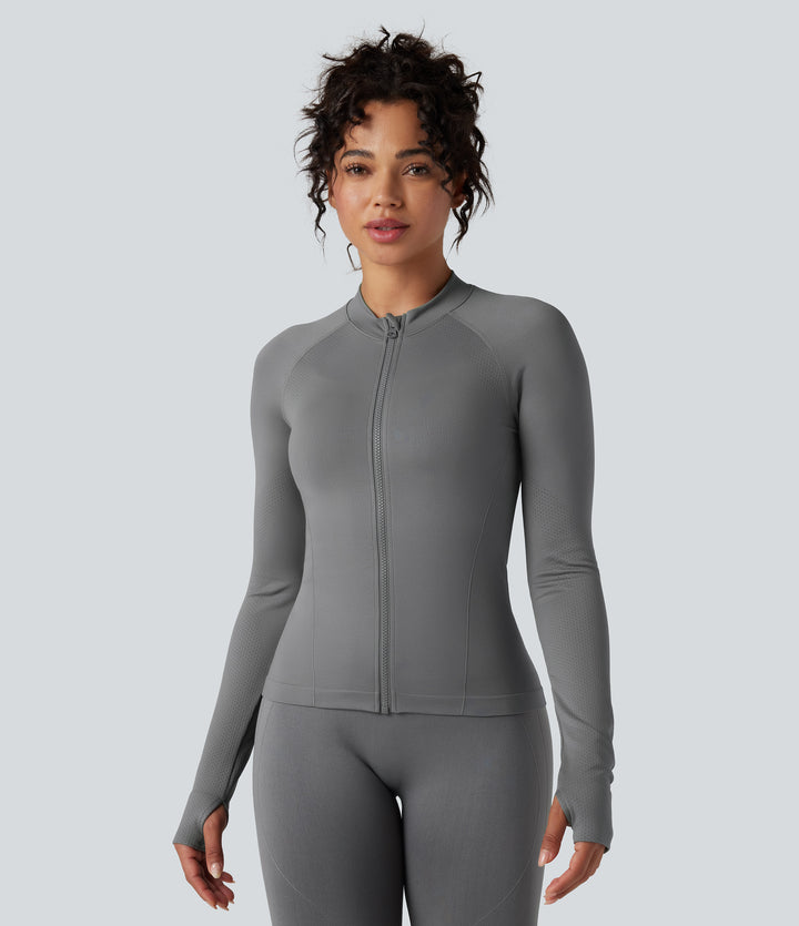Seamless Flow Zipper Long Sleeve Thumb Hole Yoga Jacket — Eiffel Tower — view 1