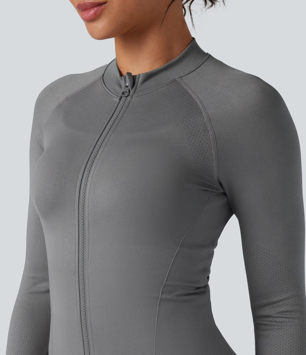 Seamless Flow Zipper Long Sleeve Thumb Hole Yoga Jacket — Eiffel Tower — view 4