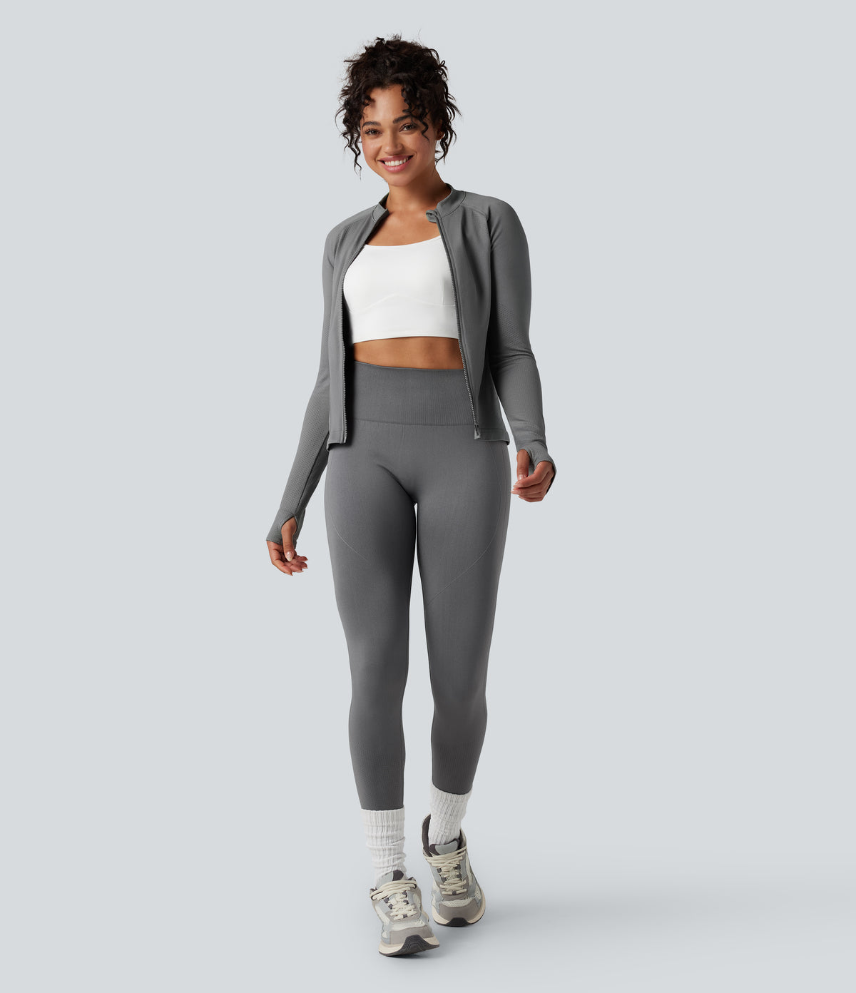 Seamless Flow Zipper Long Sleeve Thumb Hole Yoga Jacket — Eiffel Tower — view 7