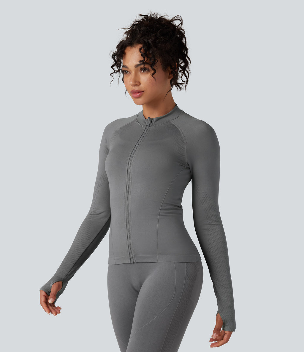 Seamless Flow Zipper Long Sleeve Thumb Hole Yoga Jacket — Eiffel Tower — view 3