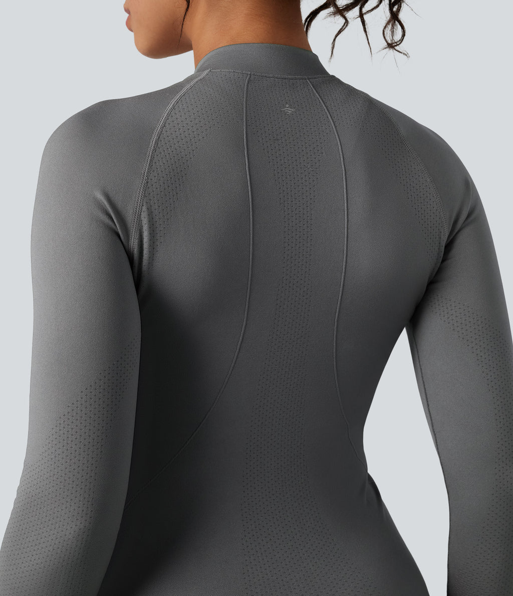 Seamless Flow Zipper Long Sleeve Thumb Hole Yoga Jacket — Eiffel Tower — view 5