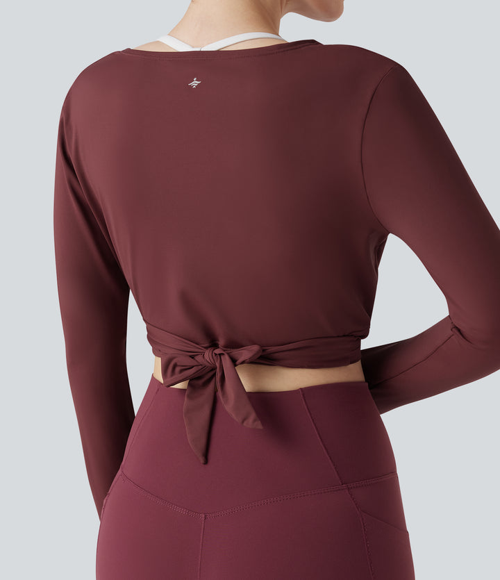 V Neck Wrapped Tie Back Long Sleeve Cropped Yoga Sports Top — Port — view 1