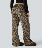 Mid Rise Drawstring Leopard Print Fleece Casual Baggy Trousers with Pockets — Gold Leopard Print — view 3