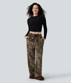 Mid Rise Drawstring Leopard Print Fleece Casual Baggy Trousers with Pockets — Gold Leopard Print — view 1