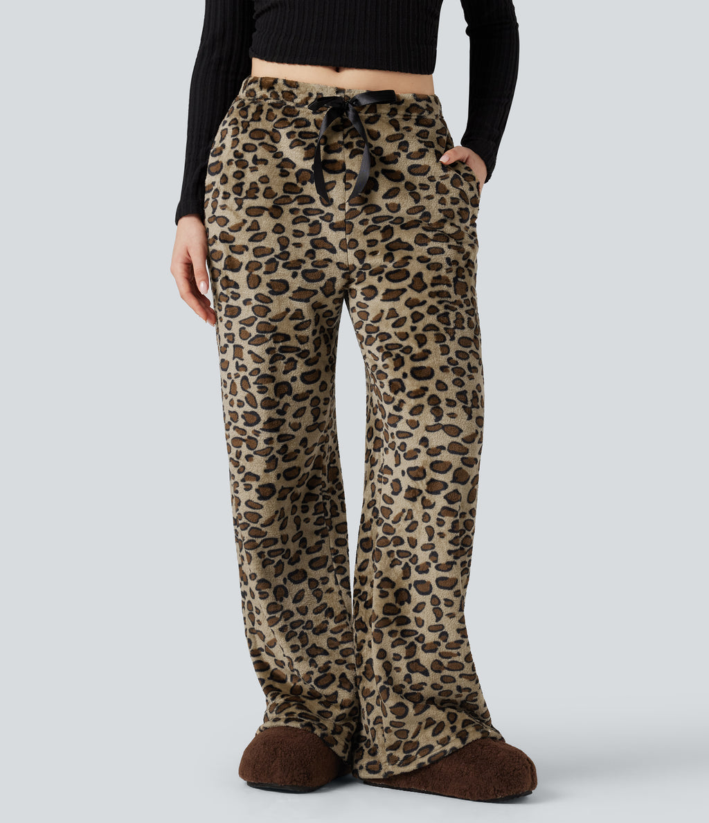Mid Rise Drawstring Leopard Print Fleece Casual Baggy Trousers with Pockets — Gold Leopard Print — view 2