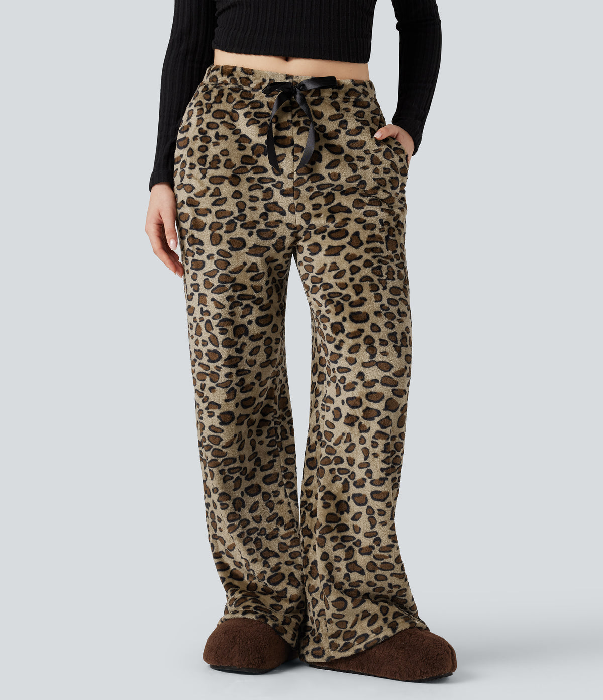 Mid Rise Drawstring Leopard Print Fleece Casual Baggy Trousers with Pockets — Gold Leopard Print — view 2
