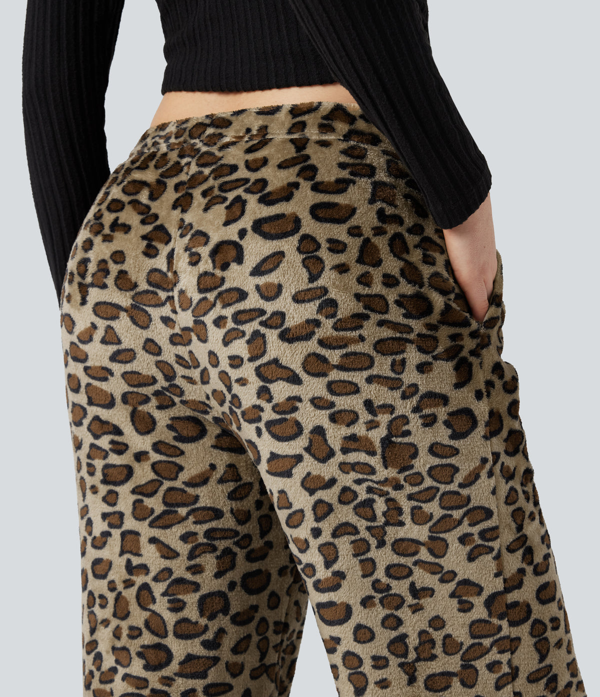 Mid Rise Drawstring Leopard Print Fleece Casual Baggy Trousers with Pockets — Gold Leopard Print — view 6