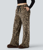 Mid Rise Drawstring Leopard Print Fleece Casual Baggy Trousers with Pockets — Gold Leopard Print — view 4