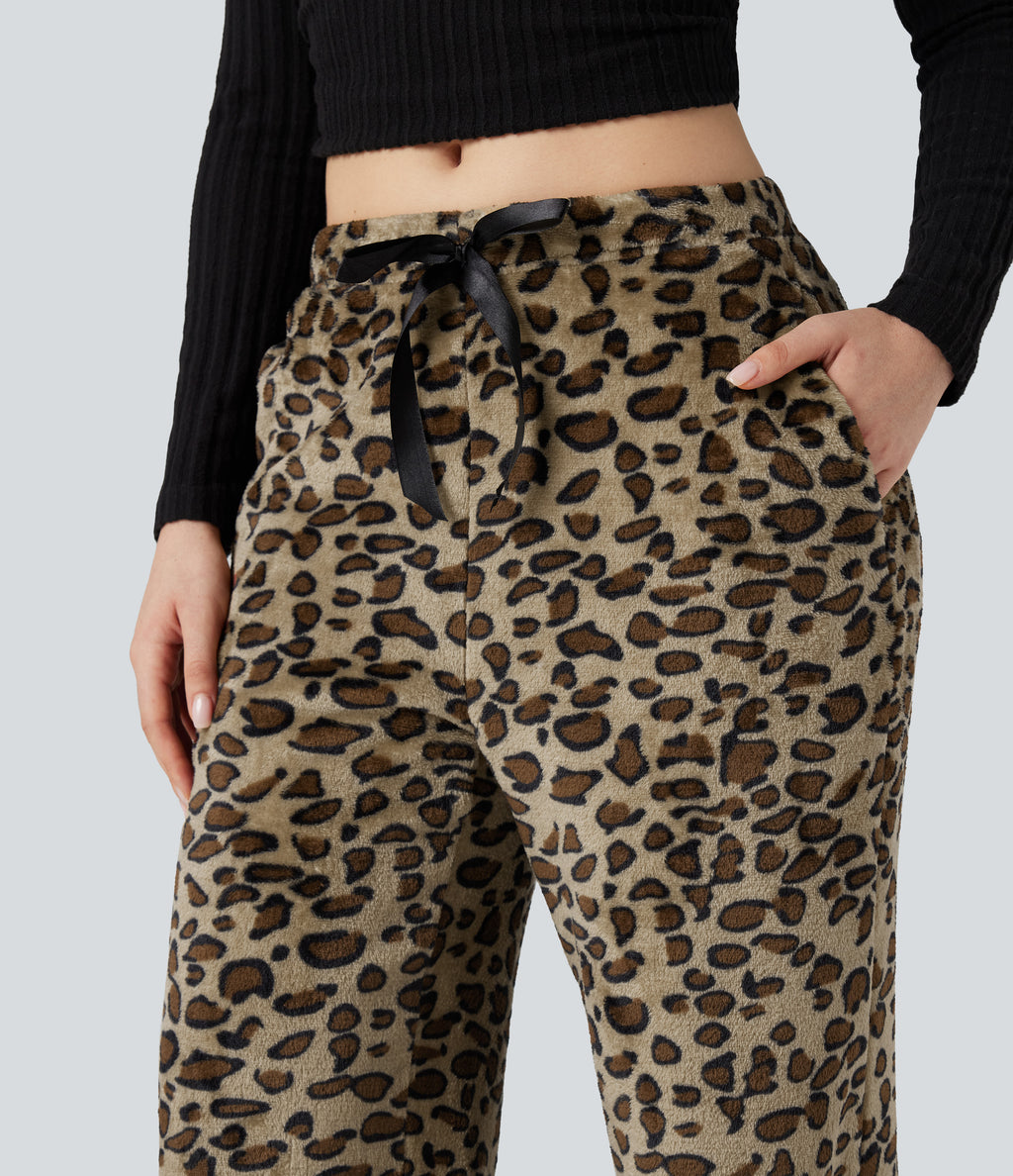 Mid Rise Drawstring Leopard Print Fleece Casual Baggy Trousers with Pockets — Gold Leopard Print — view 5