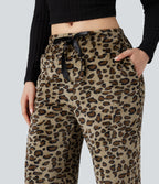 Mid Rise Drawstring Leopard Print Fleece Casual Baggy Trousers with Pockets — Gold Leopard Print — view 5