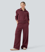 High-waisted Drawstring Fleece Casual Cotton Trousers with Pockets — Chocolate Truffle — view 7
