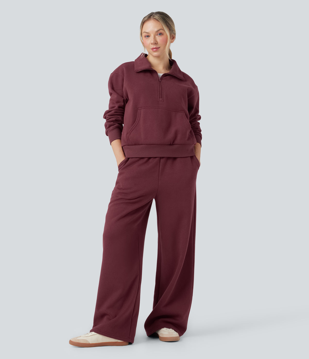 High-waisted Drawstring Fleece Casual Cotton Trousers with Pockets — Chocolate Truffle — view 7