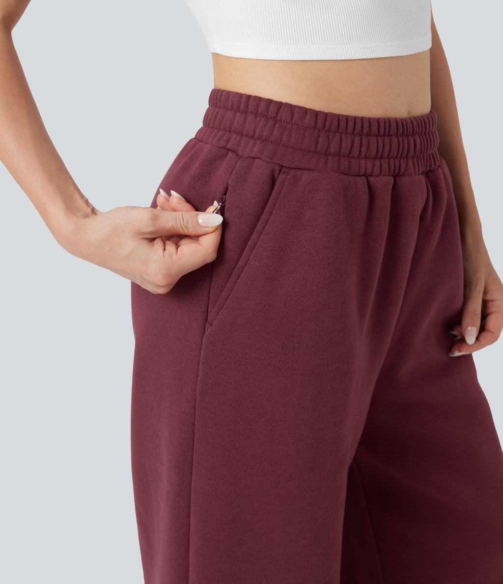 High-waisted Drawstring Fleece Casual Cotton Trousers with Pockets — Chocolate Truffle — view 6