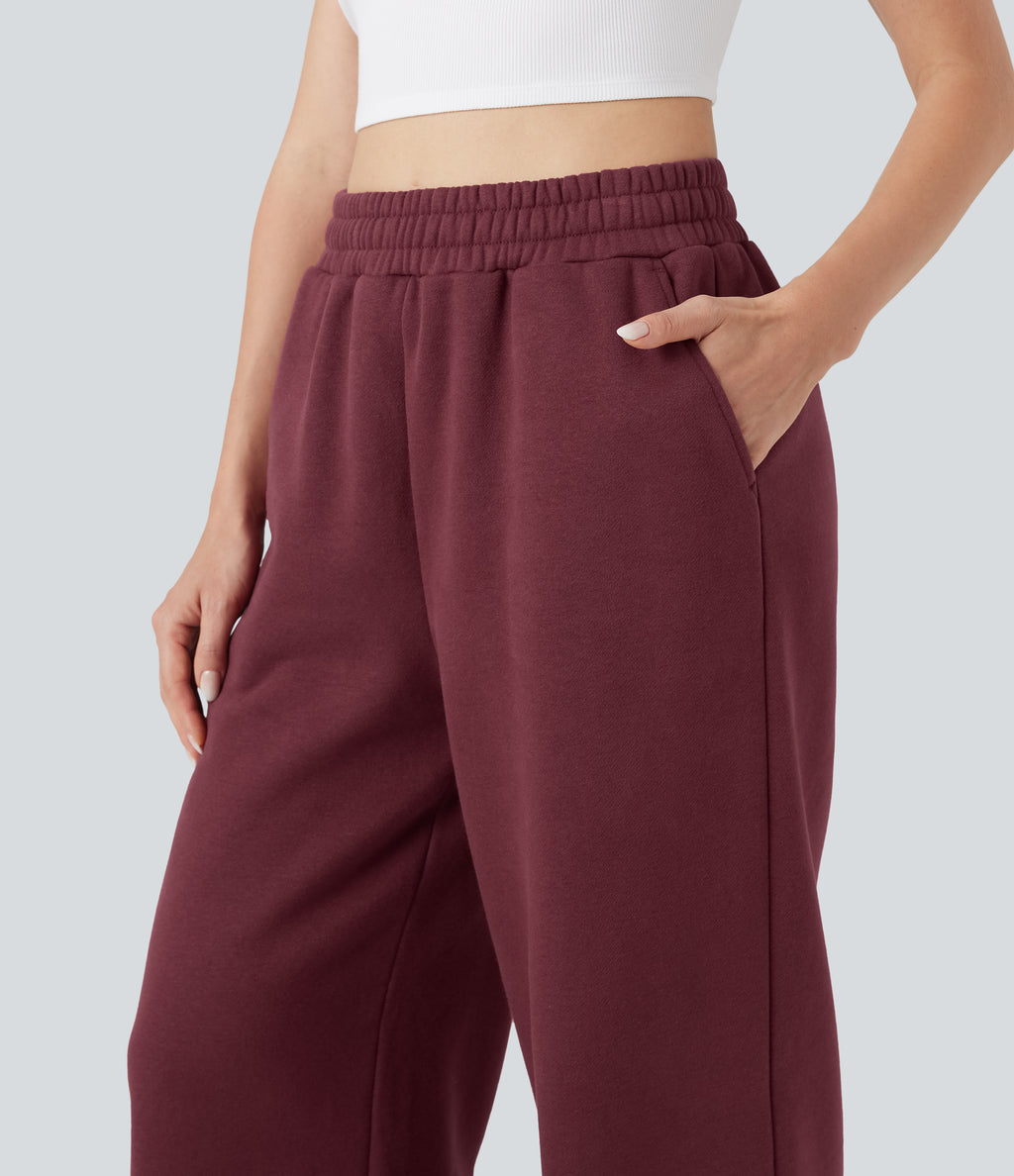 High-waisted Drawstring Fleece Casual Cotton Trousers with Pockets — Chocolate Truffle — view 5
