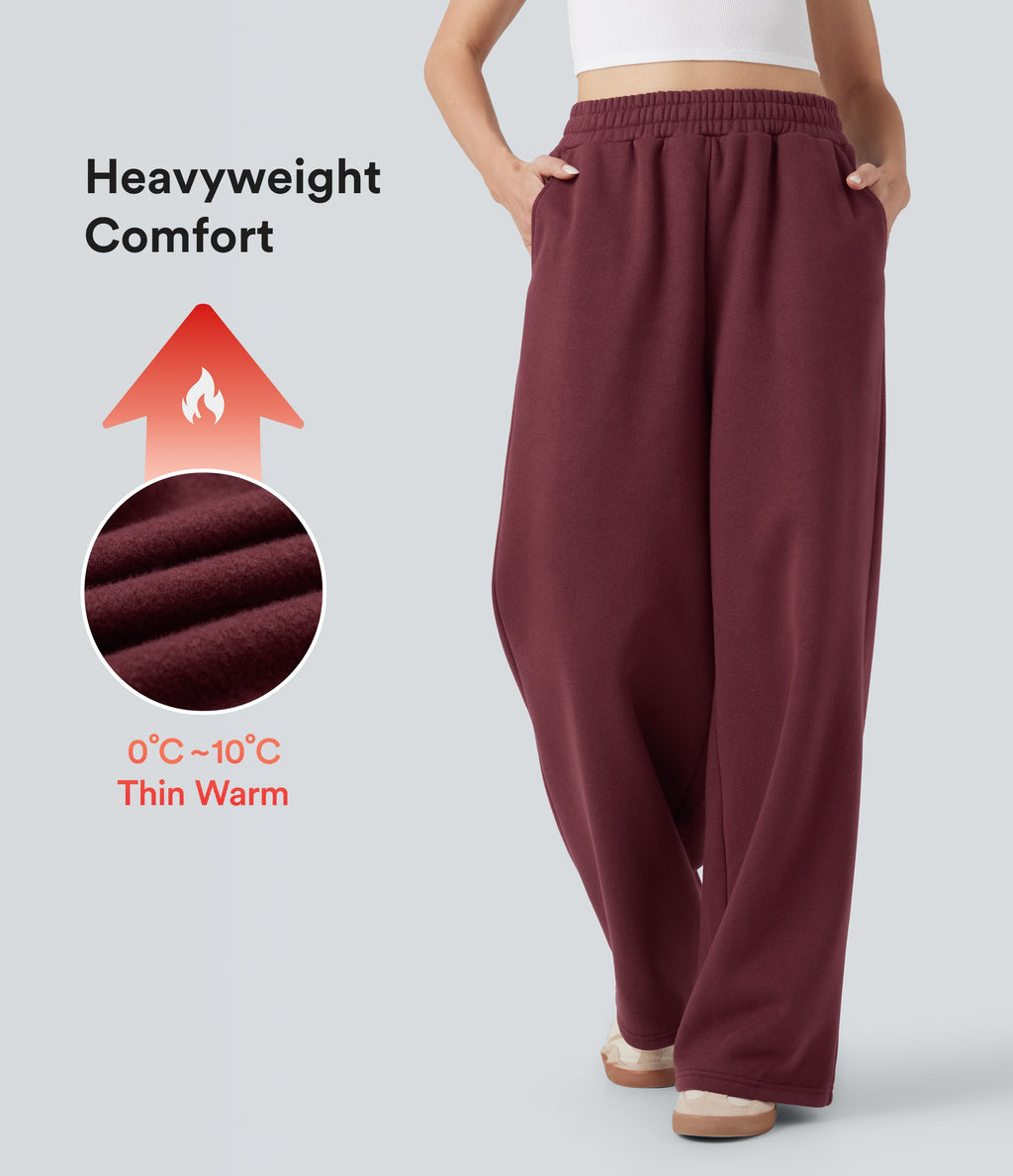 High-waisted Drawstring Fleece Casual Cotton Trousers with Pockets — Chocolate Truffle — view 1