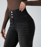 High Waisted Shirred Casual Flared Jeans with Pockets — Phantom Denim — view 5