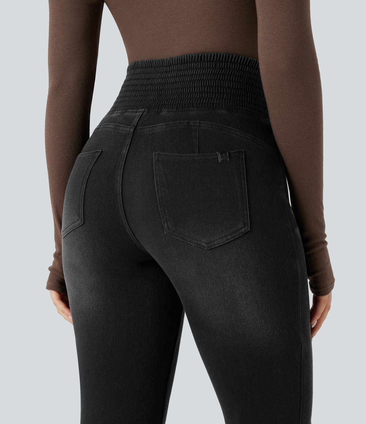 High Waisted Shirred Casual Flared Jeans with Pockets — Phantom Denim — view 4