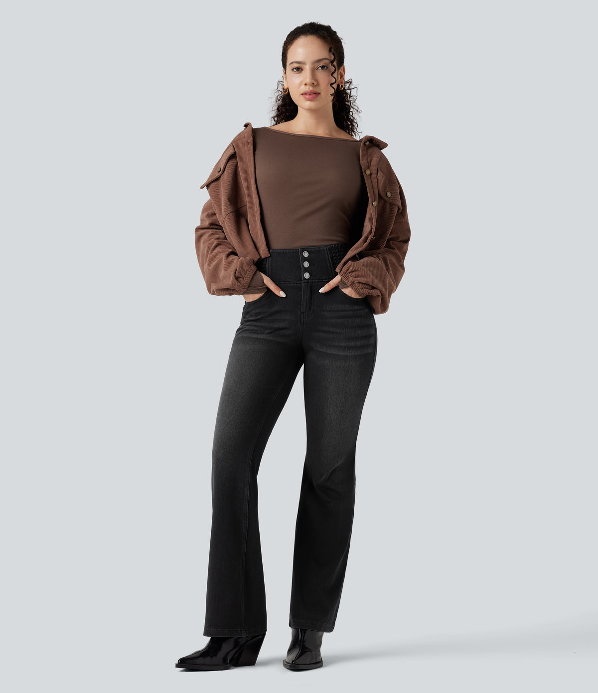 High Waisted Shirred Casual Flared Jeans with Pockets — Phantom Denim — view 7