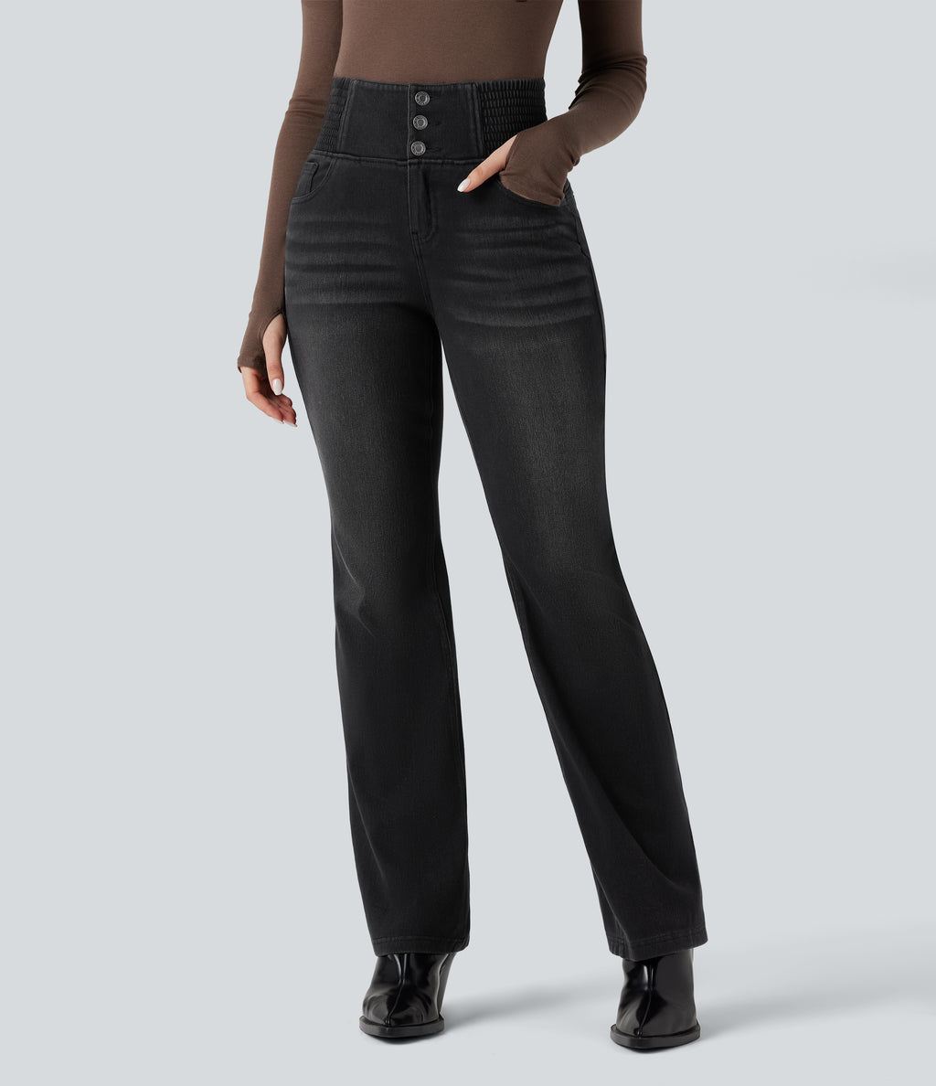 High Waisted Shirred Casual Flared Jeans with Pockets — Phantom Denim — view 2